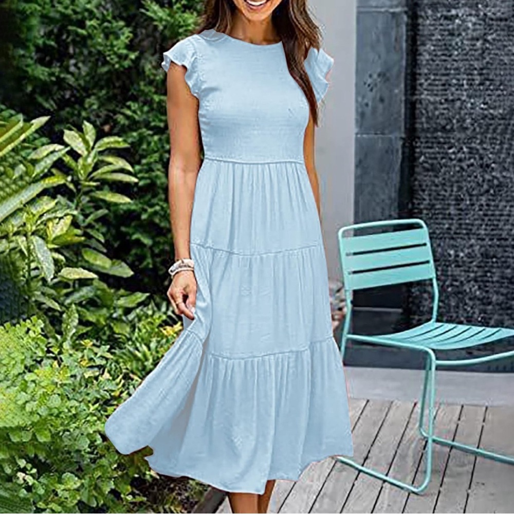Blue Summer Casual Flutter Short Sleeve Midi Dress